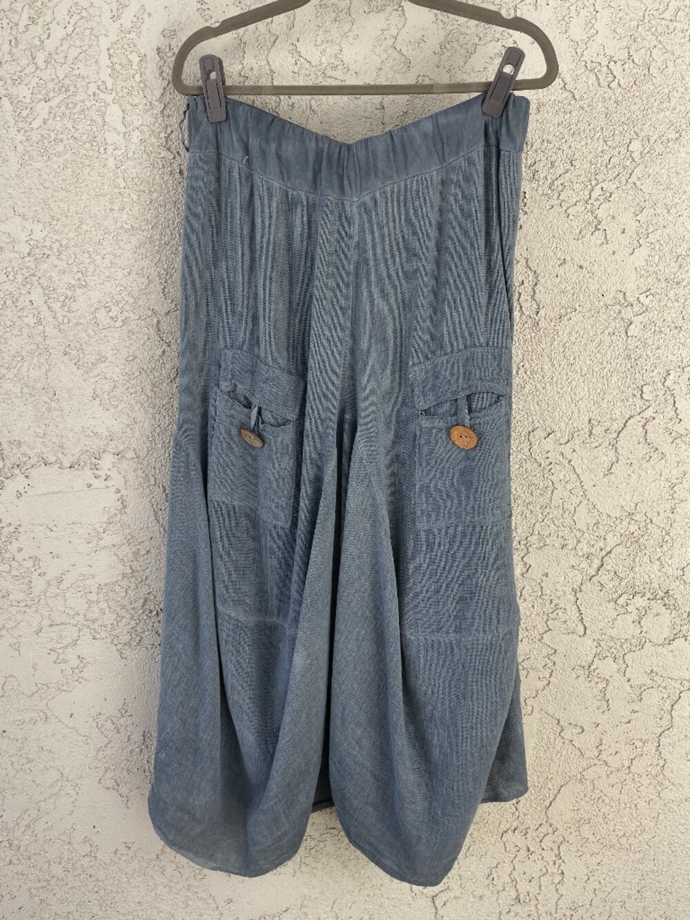 Meo Melli Linen Skirt Womens XL Blue Lagenlook Tulip Hem Cargo Pocket Italy NWT